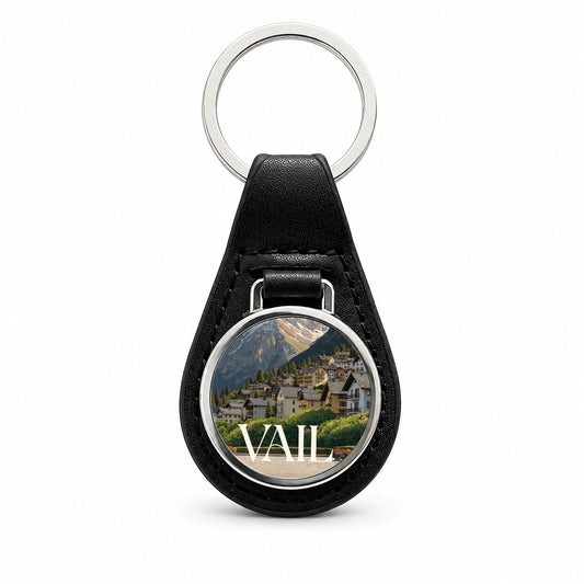 Vail Colorado Travel Black Leather Metal Keychain