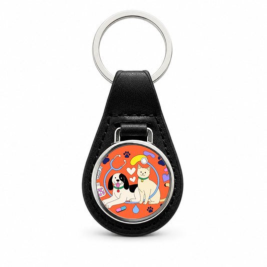 Veterinarian Animal Lover Black Leather Metal Keychain