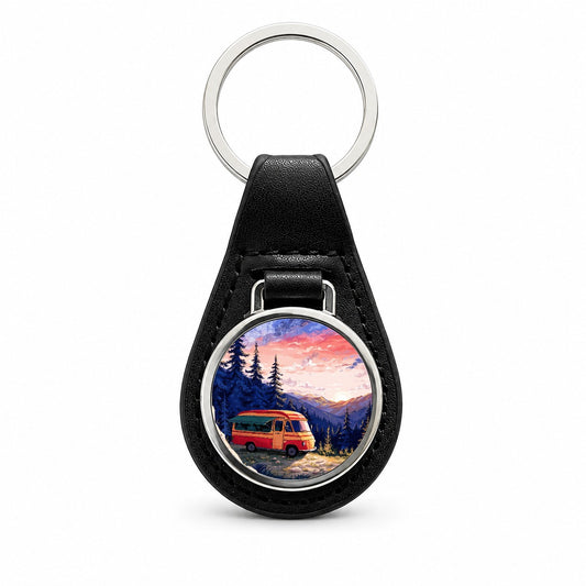 Vintage Camper Adventure Black Leather Metal Keychain