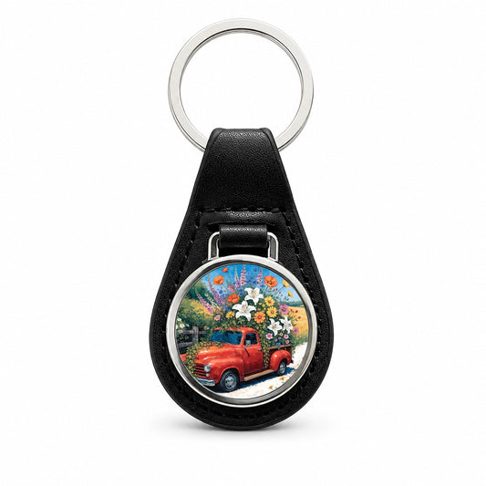 Vintage Flower Truck Black Leather Metal Keychain
