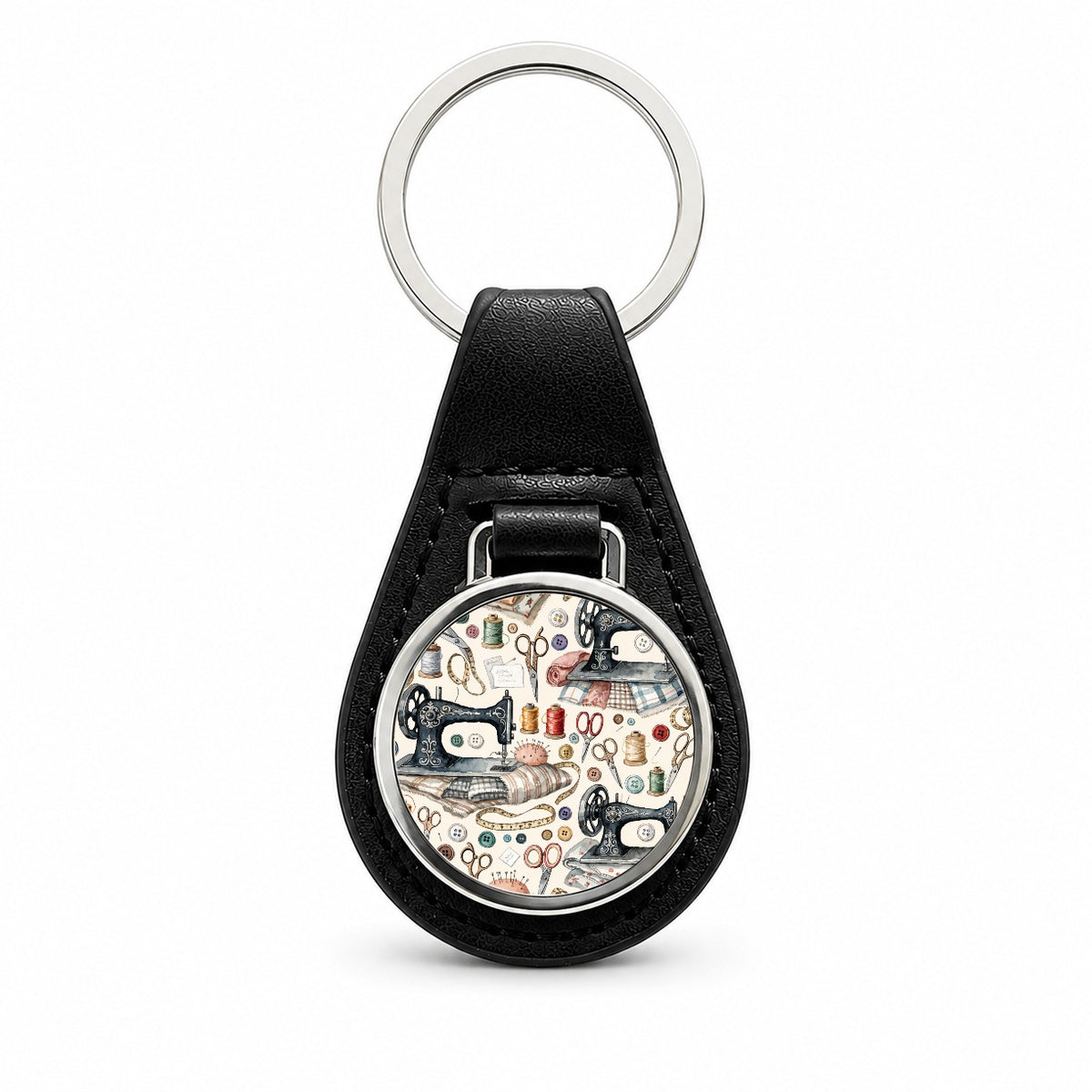 Vintage Sewing Machines Notions Black Leather Metal Keychain