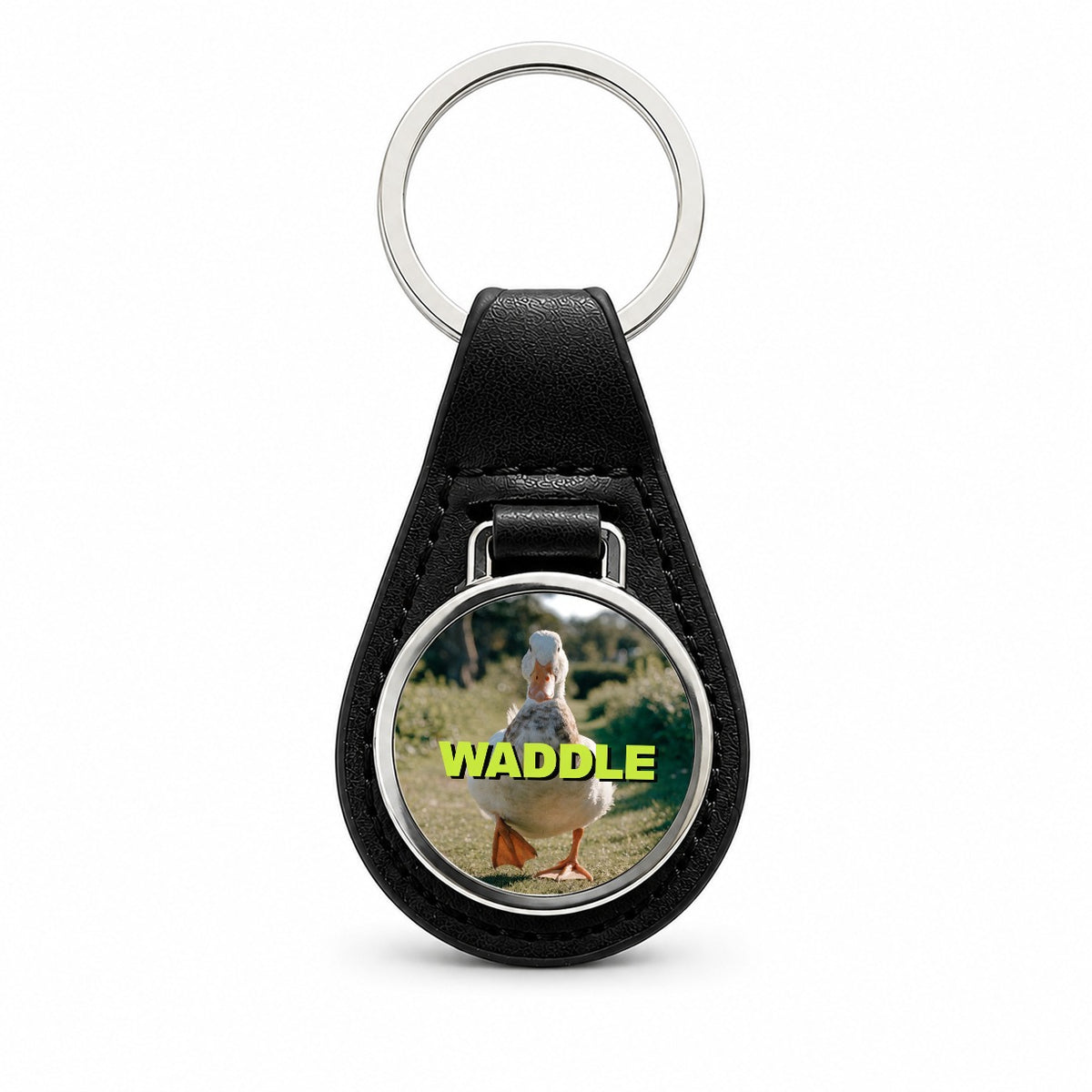 Waddle Duck Funny Black Leather Metal Keychain