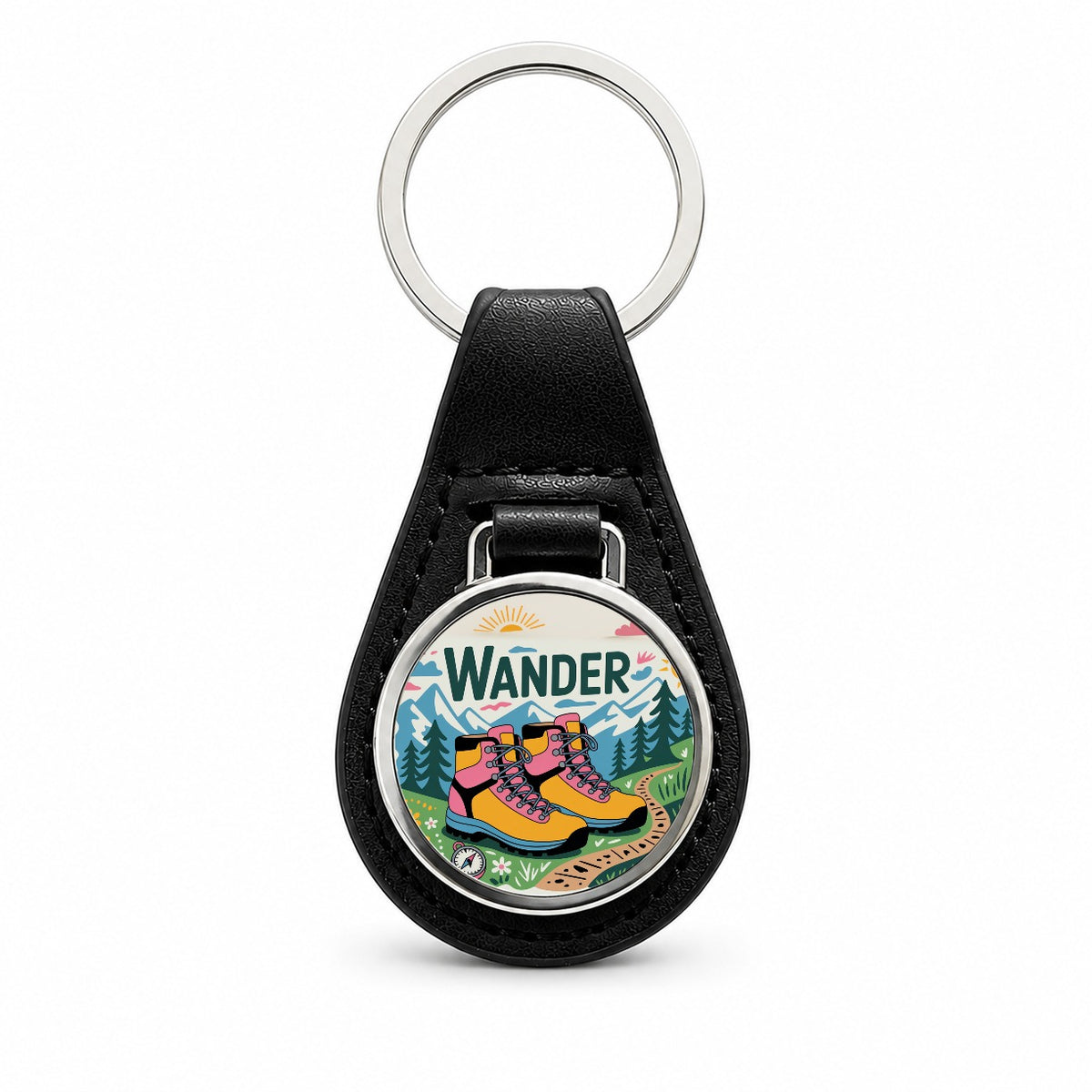 Wander Hiking Boots Hiker Black Leather Metal Keychain