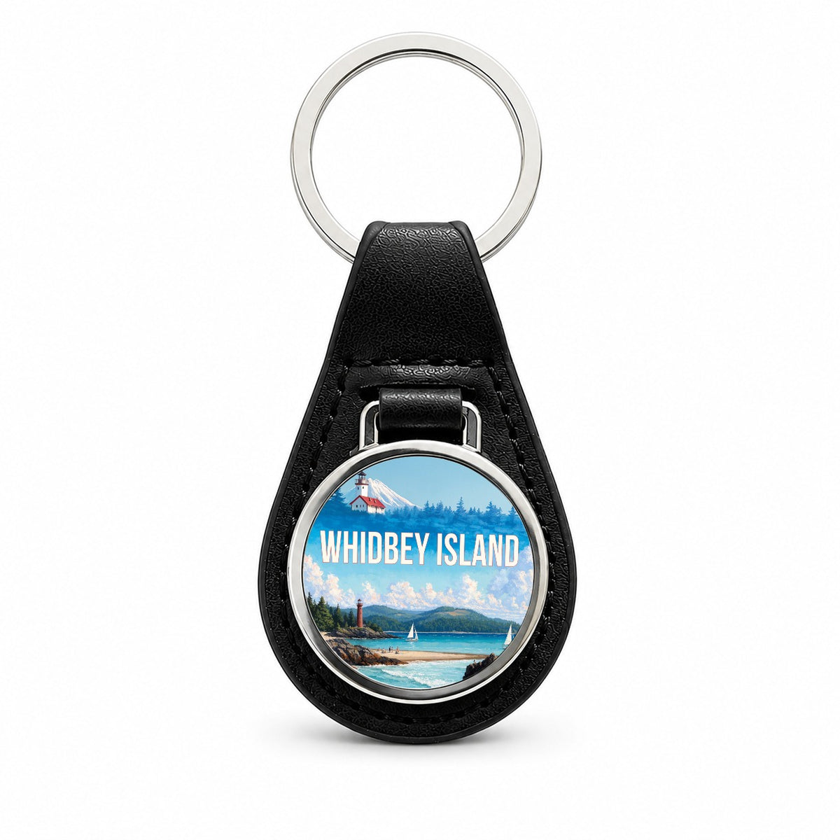 Whidbey Island Washington Travel Black Leather Metal Keychain