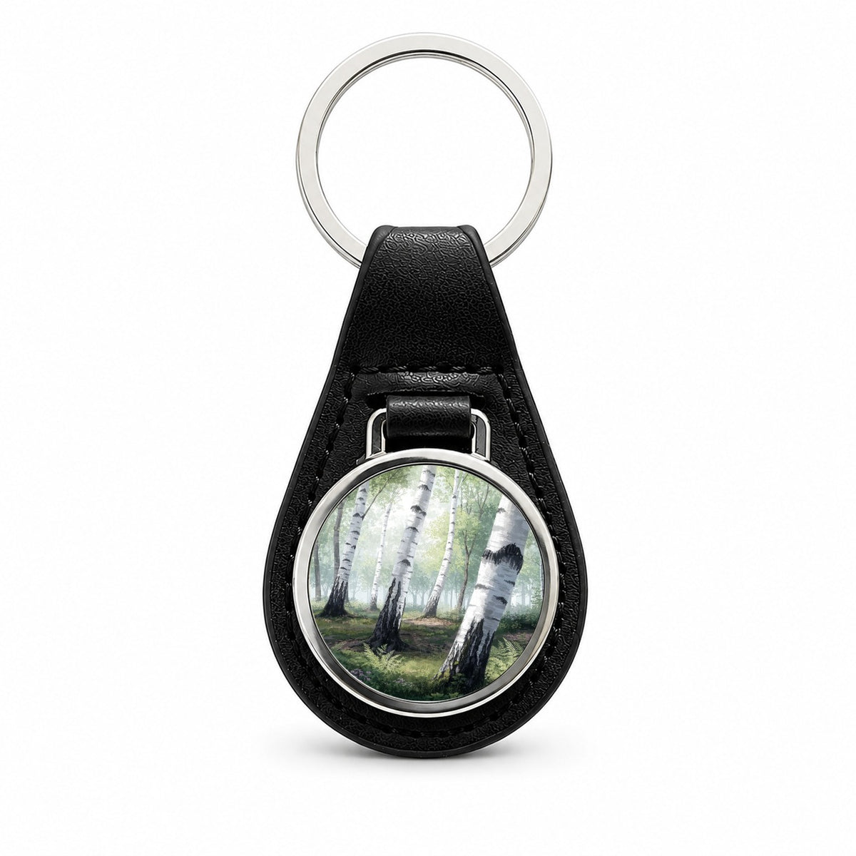 White Birch Forest Black Leather Metal Keychain