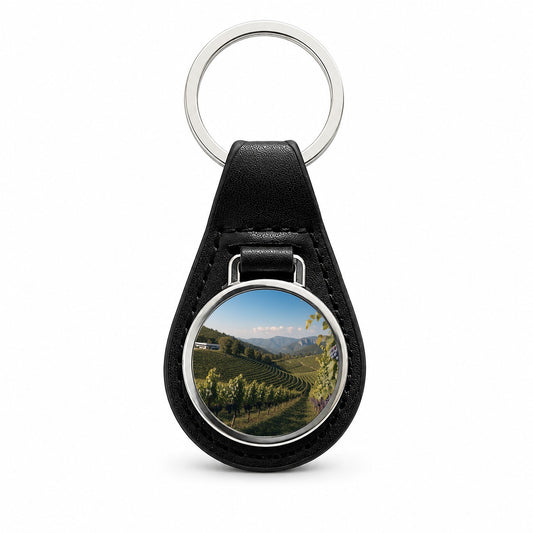 Winery Wine Country Grapes Black Leather Metal Keychain