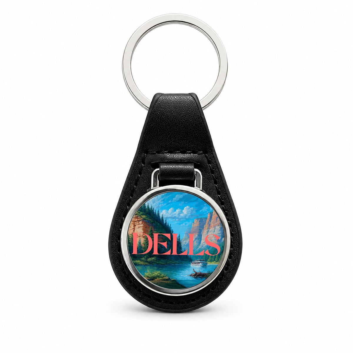 Wisconsin Dells Travel Black Leather Metal Keychain