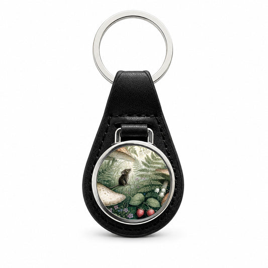 Woodland Mouse Mushroom Garden Black Leather Metal Keychain