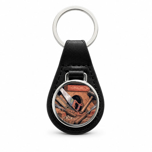 Woodworking Tools Workshop Black Leather Metal Keychain