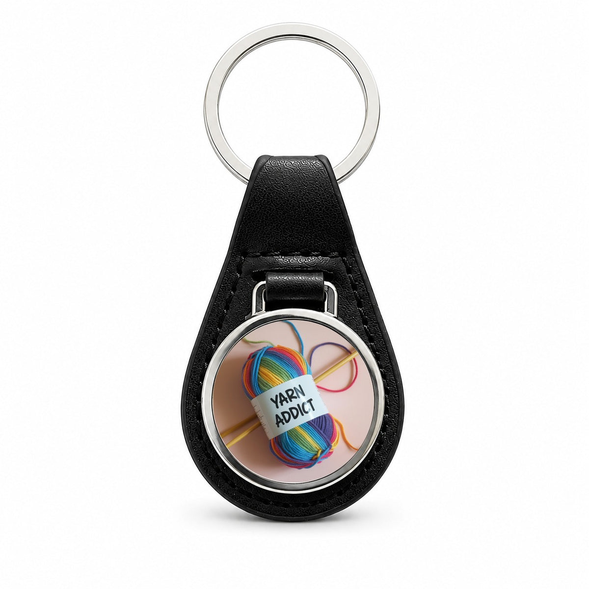 Yarn Addict Knitting Knitter Crochet Black Leather Metal Keychain