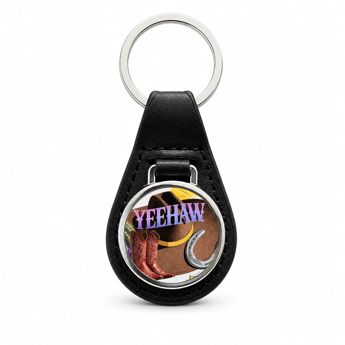 Yeehaw Cowboy Hat Boots Funny Black Leather Metal Keychain