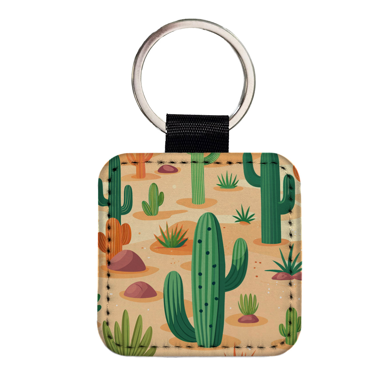 Cactus Cacti Desert Scattered Pattern Square Faux Leather Keychain