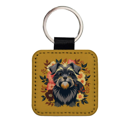 Affenpinscher Dog Floral Flowers Square Faux Leather Keychain