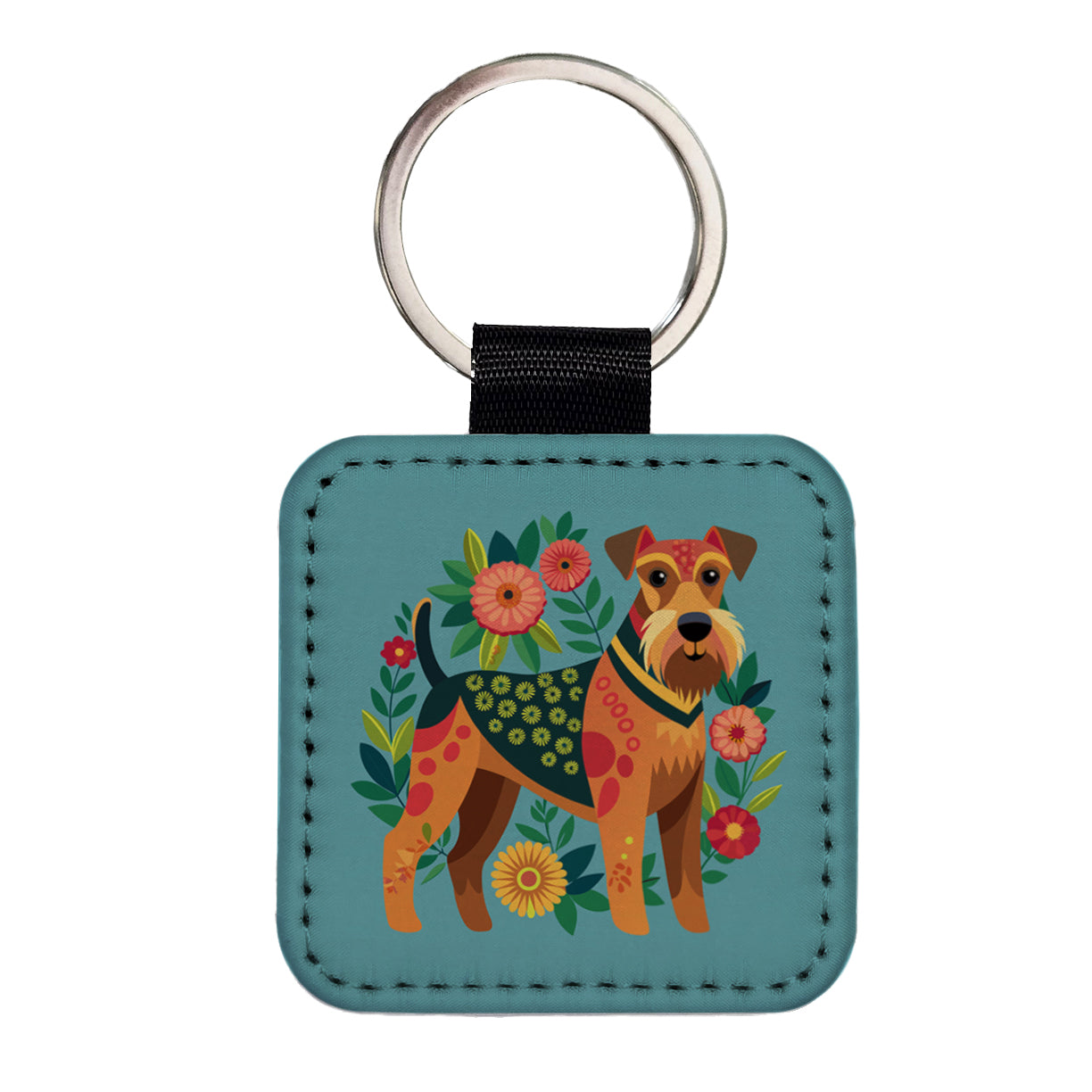 Airedale Terrier Dog Floral Flowers Square Faux Leather Keychain