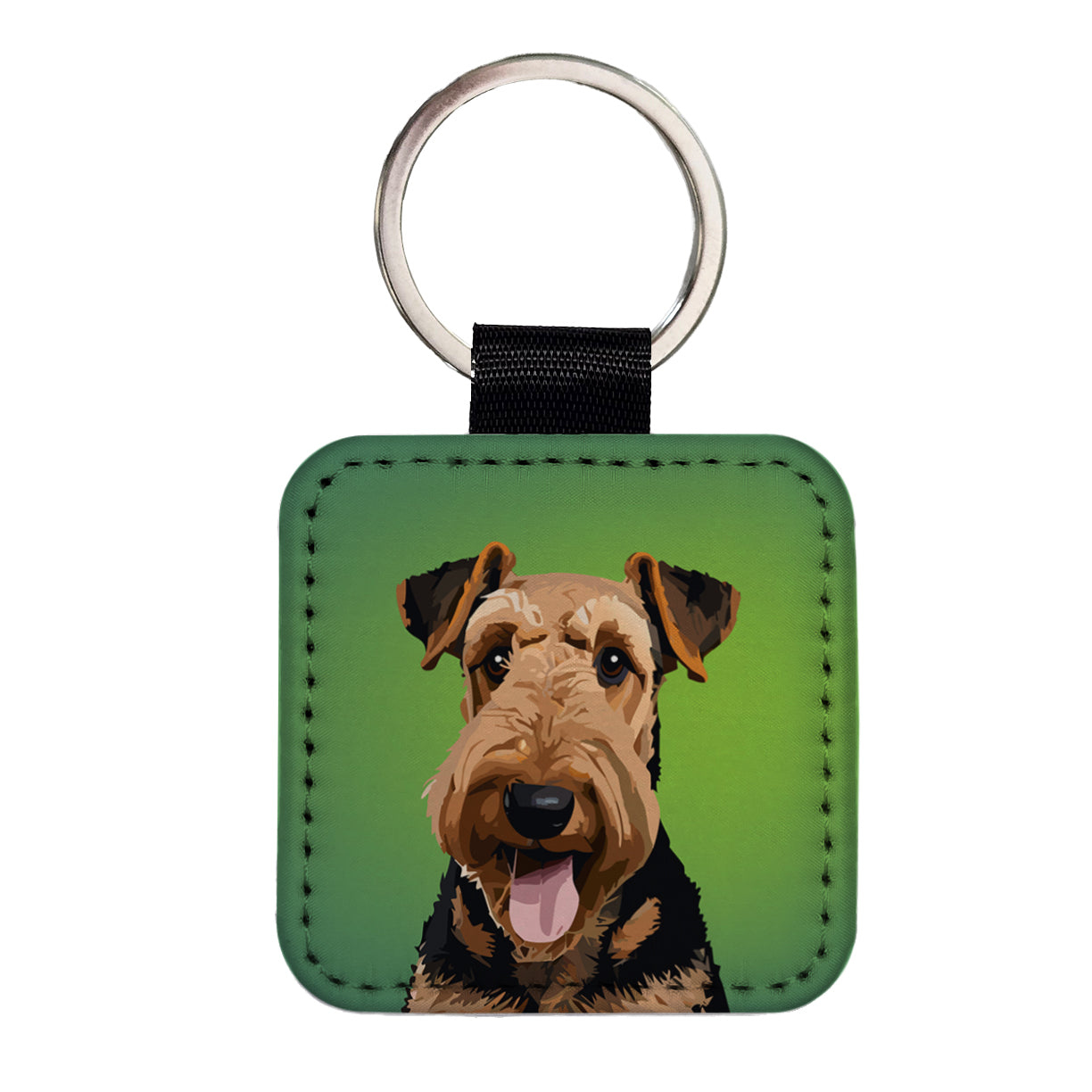Airedale Terrier Dog Portrait Square Faux Leather Keychain