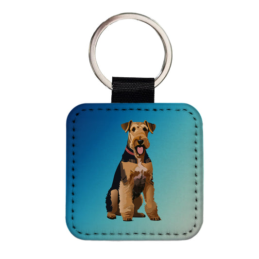 Airedale Terrier Dog Sitting Square Faux Leather Keychain