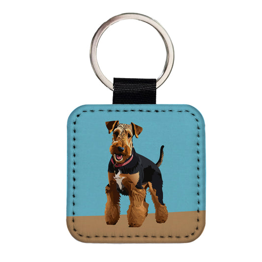 Airedale Terrier Dog Standing Square Faux Leather Keychain