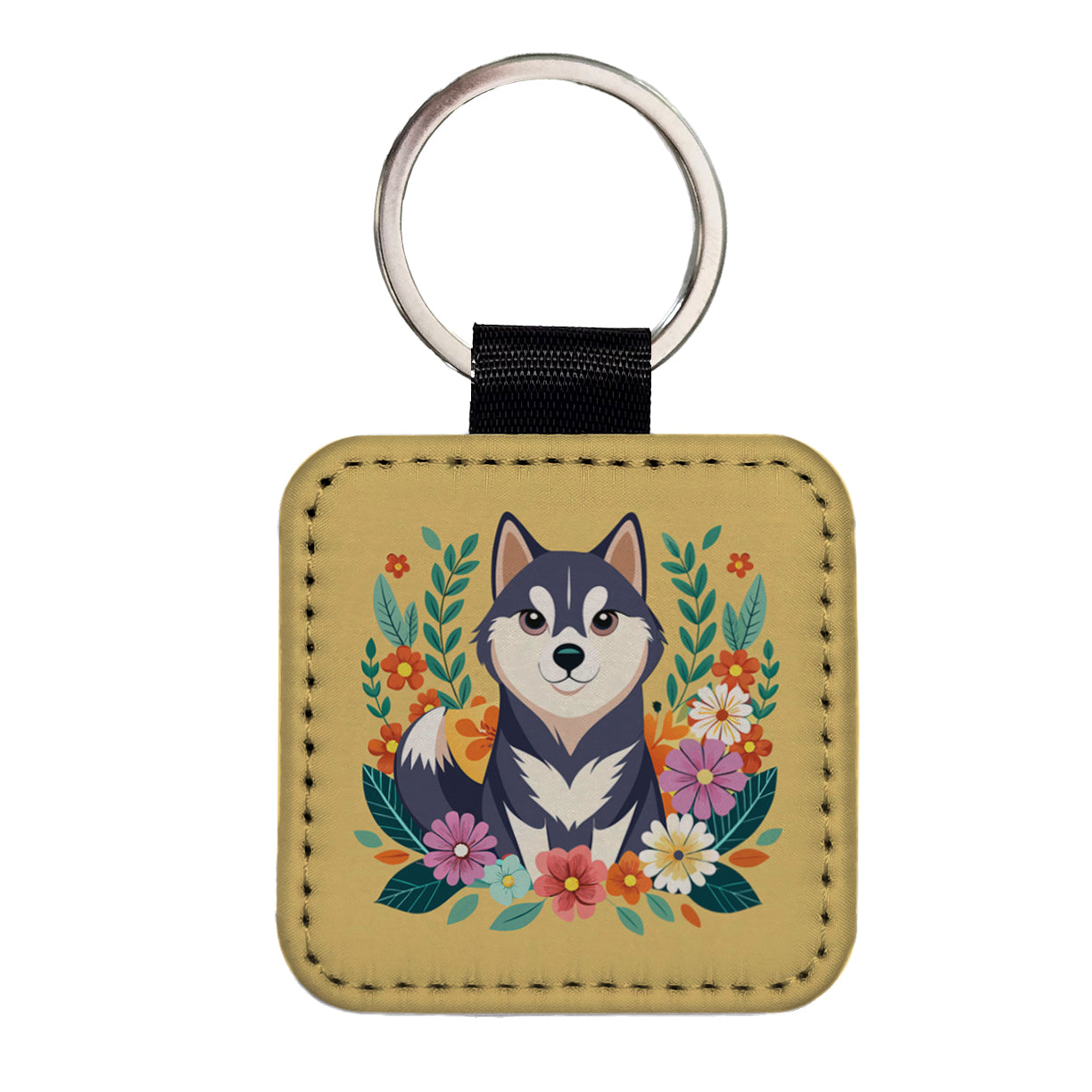 Alaskan Klee Kai Dog Floral Flowers Square Faux Leather Keychain