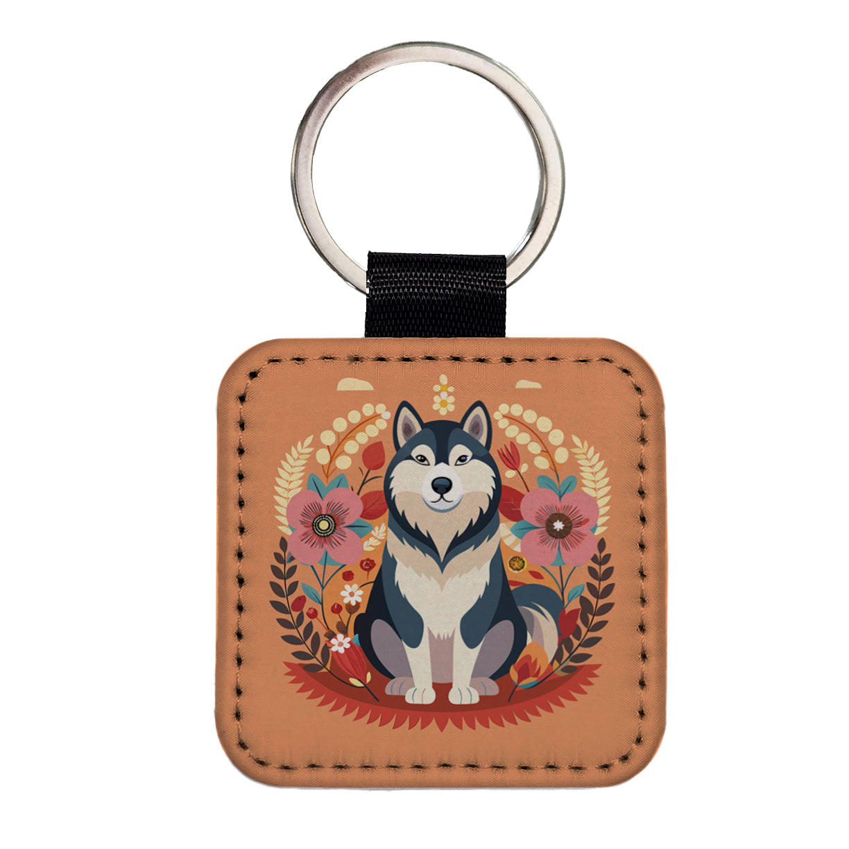 Alaskan Malamute Dog Floral Flowers Square Faux Leather Keychain