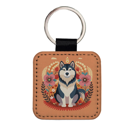 Alaskan Malamute Dog Floral Flowers Square Faux Leather Keychain