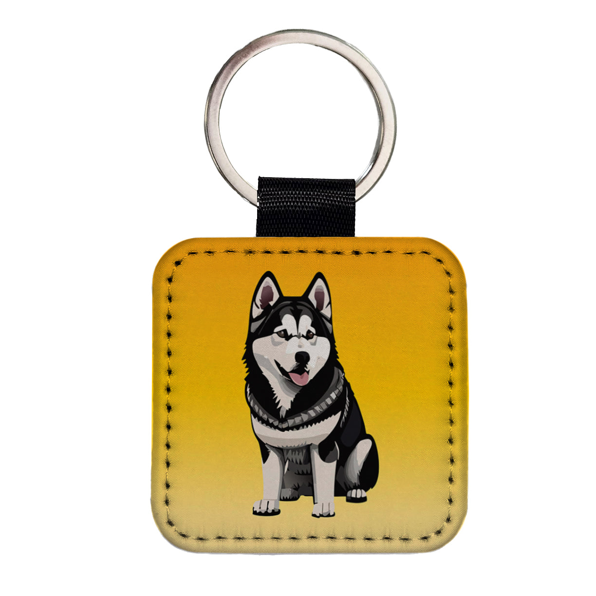 Alaskan Malamute Dog Sitting Square Faux Leather Keychain