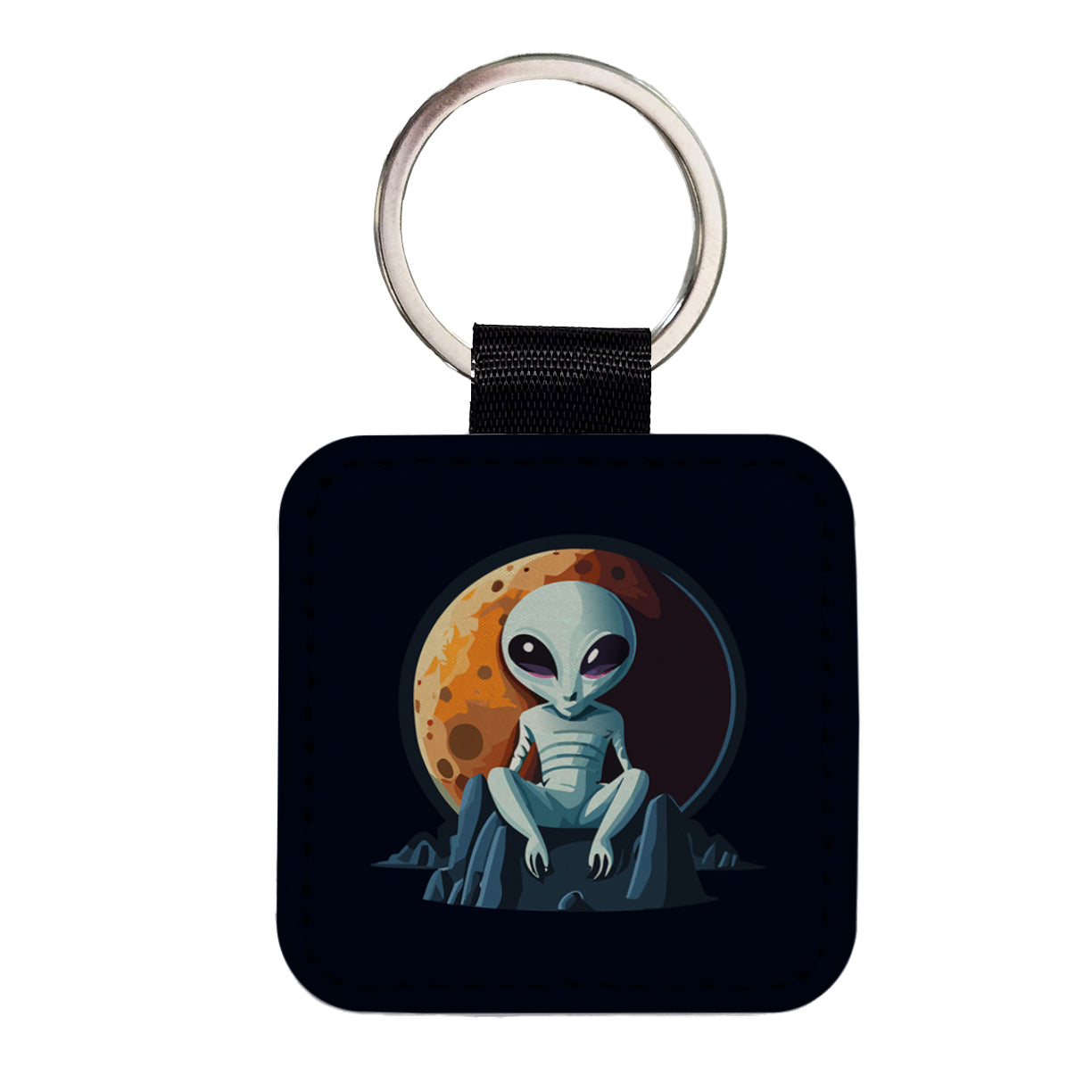 Alien Sitting Moon Planet Space Square Faux Leather Keychain