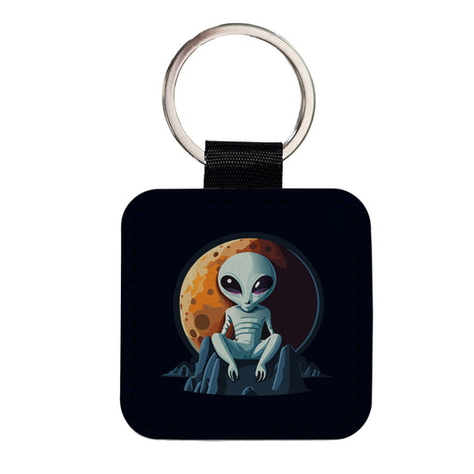 Alien Sitting Moon Planet Space Square Faux Leather Keychain