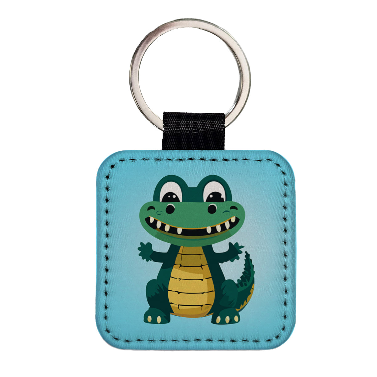 Alligator Crocodile Happy Square Faux Leather Keychain