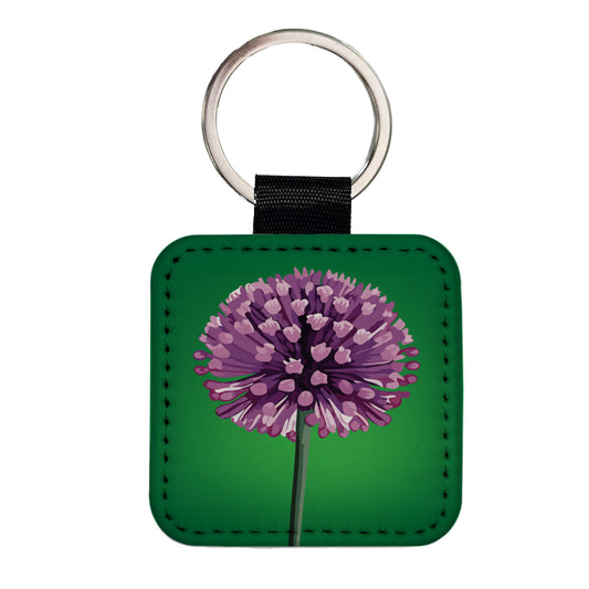 Allium Flower Purple Watercolor Square Faux Leather Keychain