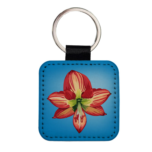 Amaryllis Flower Christmas Square Faux Leather Keychain