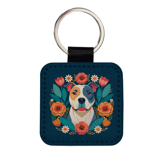 American Bulldog Dog Floral Flowers Square Faux Leather Keychain