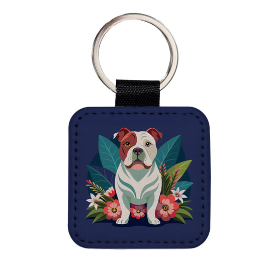 American Bulldog Floral Flowers Square Faux Leather Keychain