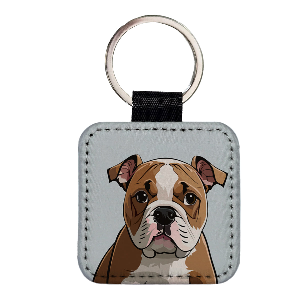 American Bulldog Staring Square Faux Leather Keychain