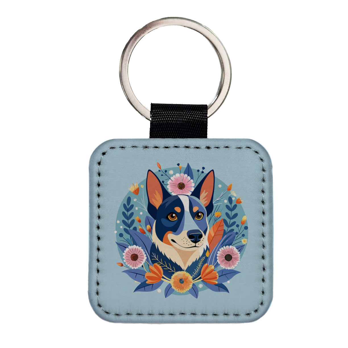 American Cattle Dog Floral Flowers Square Faux Leather Keychain