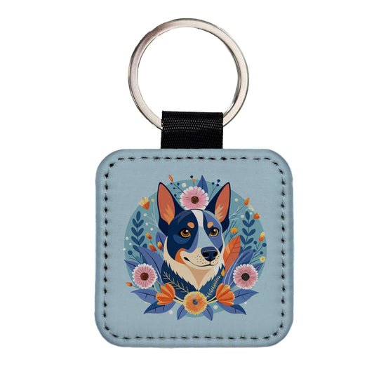 American Cattle Dog Floral Flowers Square Faux Leather Keychain