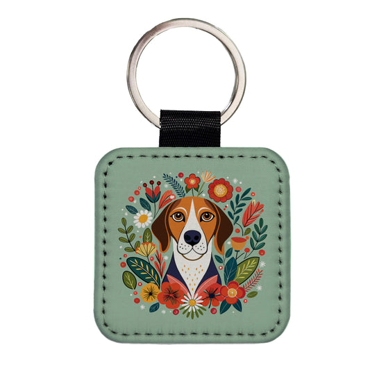 American English Coonhound Dog Floral Flowers Square Faux Leather Keychain