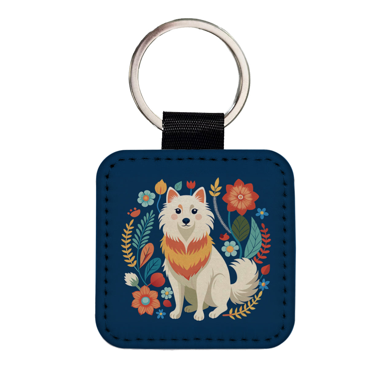 American Eskimo Dog Floral Flowers Square Faux Leather Keychain