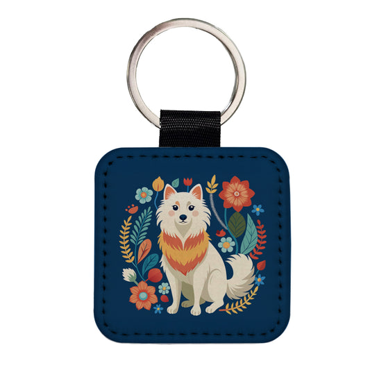 American Eskimo Dog Floral Flowers Square Faux Leather Keychain