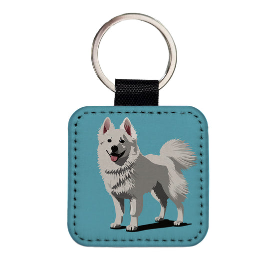 American Eskimo Dog Standing Square Faux Leather Keychain