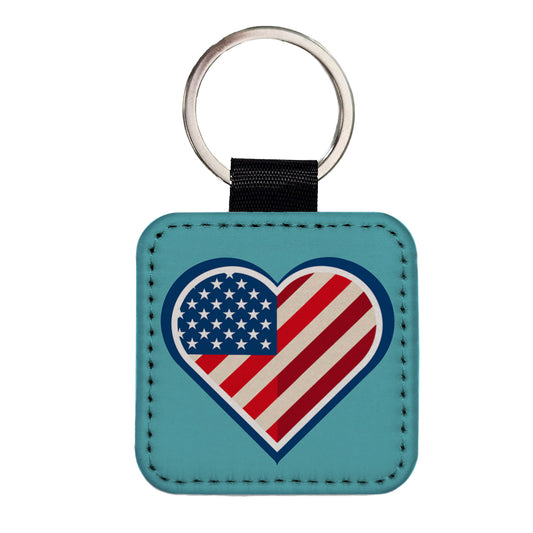 American Flag in Heart Patriotic USA United States Square Faux Leather Keychain