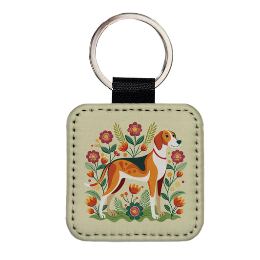 American Foxhound Dog Floral Flowers Square Faux Leather Keychain