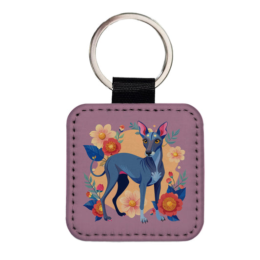 American Hairless Terrier Dog Floral Flowers Square Faux Leather Keychain