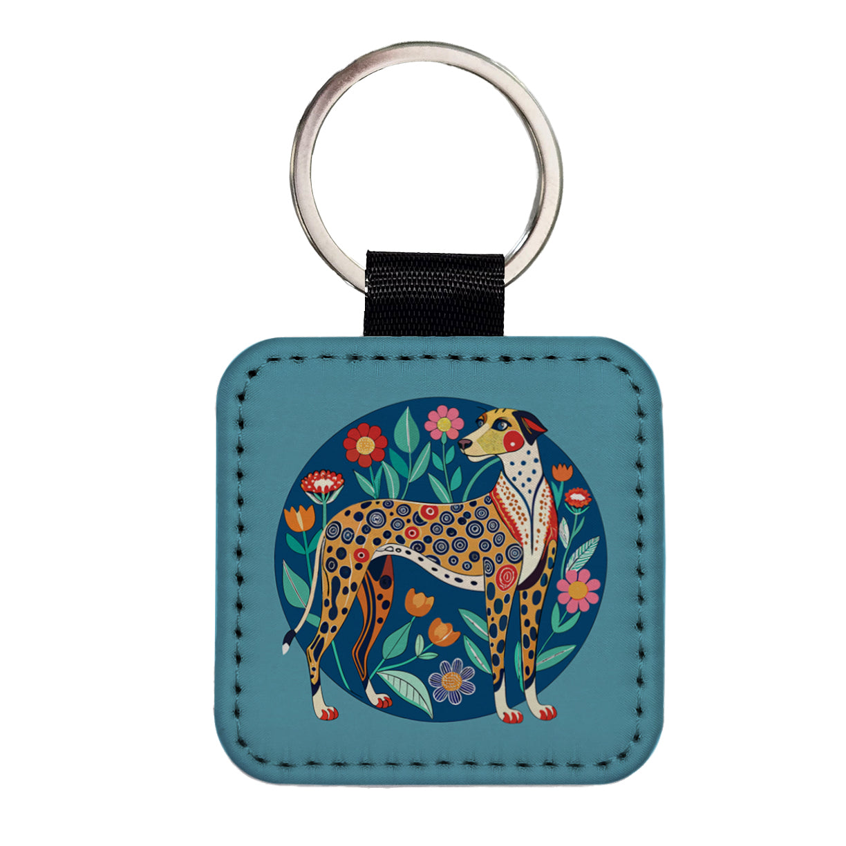 American Leopard Hound Dog Floral Flowers Square Faux Leather Keychain
