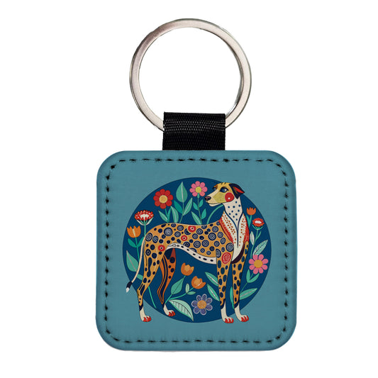 American Leopard Hound Dog Floral Flowers Square Faux Leather Keychain