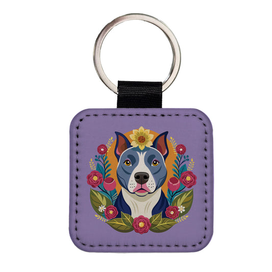 American Pit Bull Terrier Dog Floral Flowers Square Faux Leather Keychain
