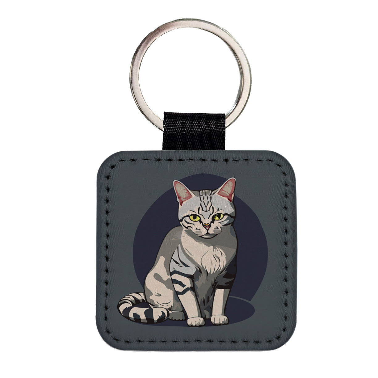 American Shorthair Cat Sitting Square Faux Leather Keychain