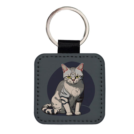American Shorthair Cat Sitting Square Faux Leather Keychain