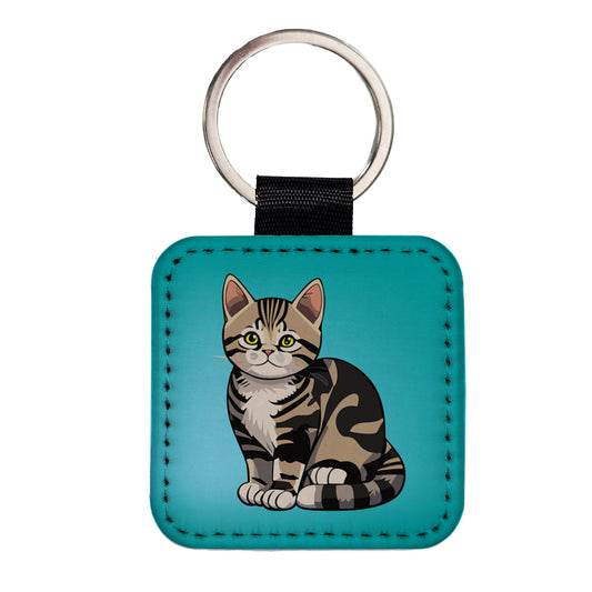 American Shorthair Cute Cat Square Faux Leather Keychain