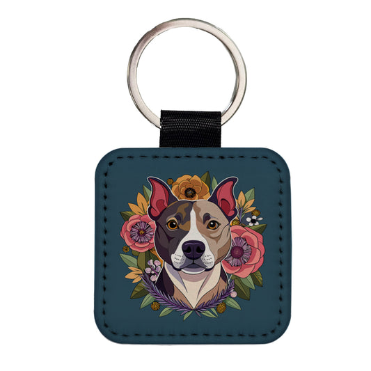 American Staffordshire Terrier Dog Floral Flowers Square Faux Leather Keychain
