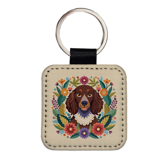 American Water Spaniel Dog Floral Flowers Square Faux Leather Keychain